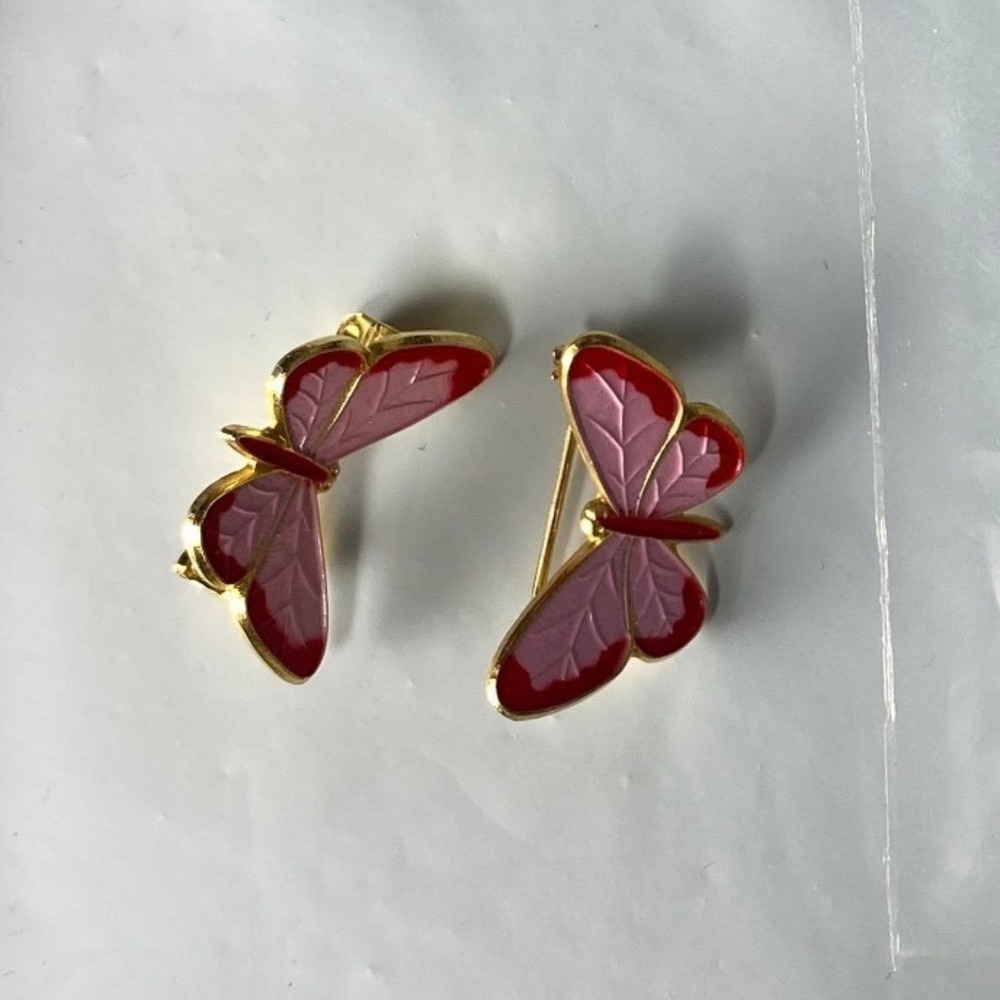 Vintage Red Pink Enamel Butterfly Pins Gold Tone Brooch Set of 2 Nature Jewelry